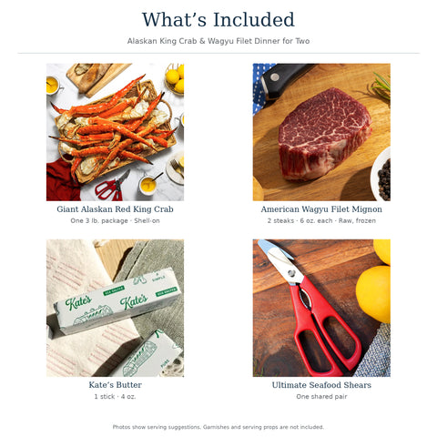Alaskan King Crab & Wagyu Filet Dinner for Two — included products and quantities