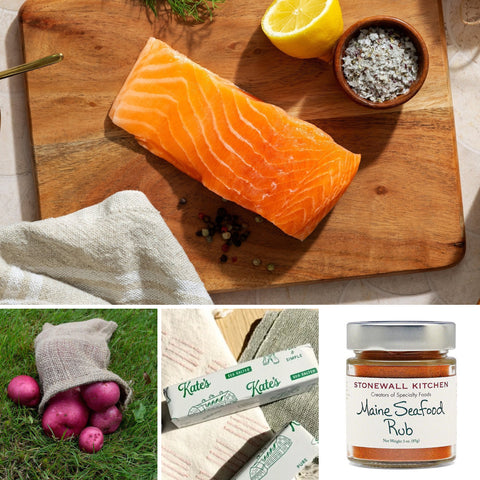Atlantic Salmon Dinner for Four: four 8 oz Wester Ross salmon portions, 2 lb potatoes, butter and one 3 oz seafood rub