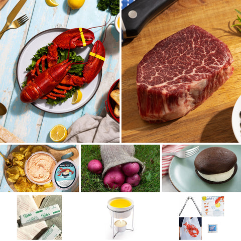 Live Lobster and American Wagyu Dinner for Two — overview of lobsters, filet mignon and accompaniments