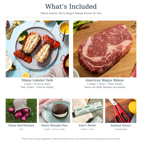 Maine Lobster Tail & Wagyu Ribeye Dinner for Two — exact contents, one shared 16 oz ribeye and accompaniments