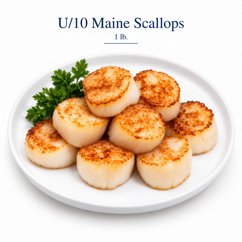 Seared Maine scallops on a white plate, labeled U/10 Maine Scallops, 1 lb.