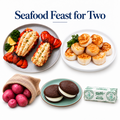 Seafood Feast for Two collage with lobster tails, scallops, red potatoes, two whoopie pies and Kate's Butter.