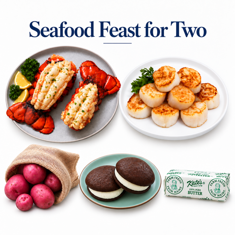 Seafood Feast for Two collage with lobster tails, scallops, red potatoes, two whoopie pies and Kate's Butter.