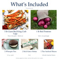 What's included in the Alaskan Red King Crab Feast for Two: 3 lbs of crab, Maine red potatoes, two whoopie pies, butter, and one pair of seafood shears