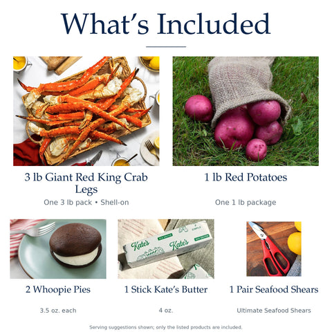 What's included in the Alaskan Red King Crab Feast for Two: 3 lbs of crab, Maine red potatoes, two whoopie pies, butter, and one pair of seafood shears