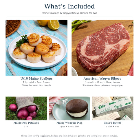 Maine Scallops & Wagyu Ribeye Dinner for Two — exact contents, one shared 16 oz ribeye and accompaniments
