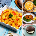Taste of Maine Care Package photo overview, featuring lobster mac and cheese with haddock chowder, crab cakes and whoopie pies. Serving suggestions pictured; garnishes and props not included.