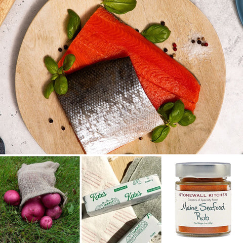 Wild Alaskan Sockeye Salmon Dinner for Four: four 8 oz sockeye fillets, 2 lb potatoes, butter and one 3 oz seafood rub