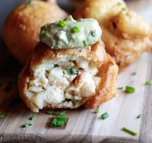 Seafood ball on a wooden cutting board