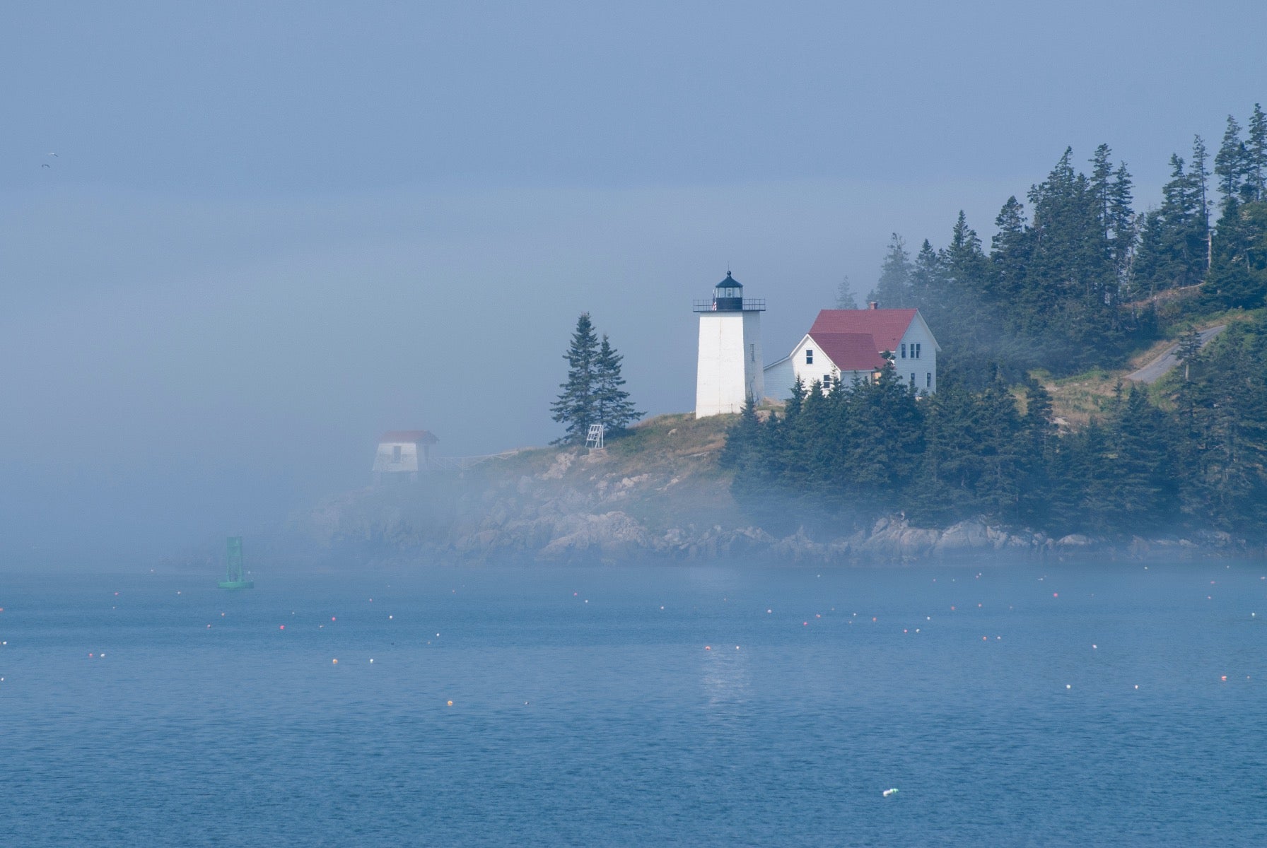 White lighthouse along the water